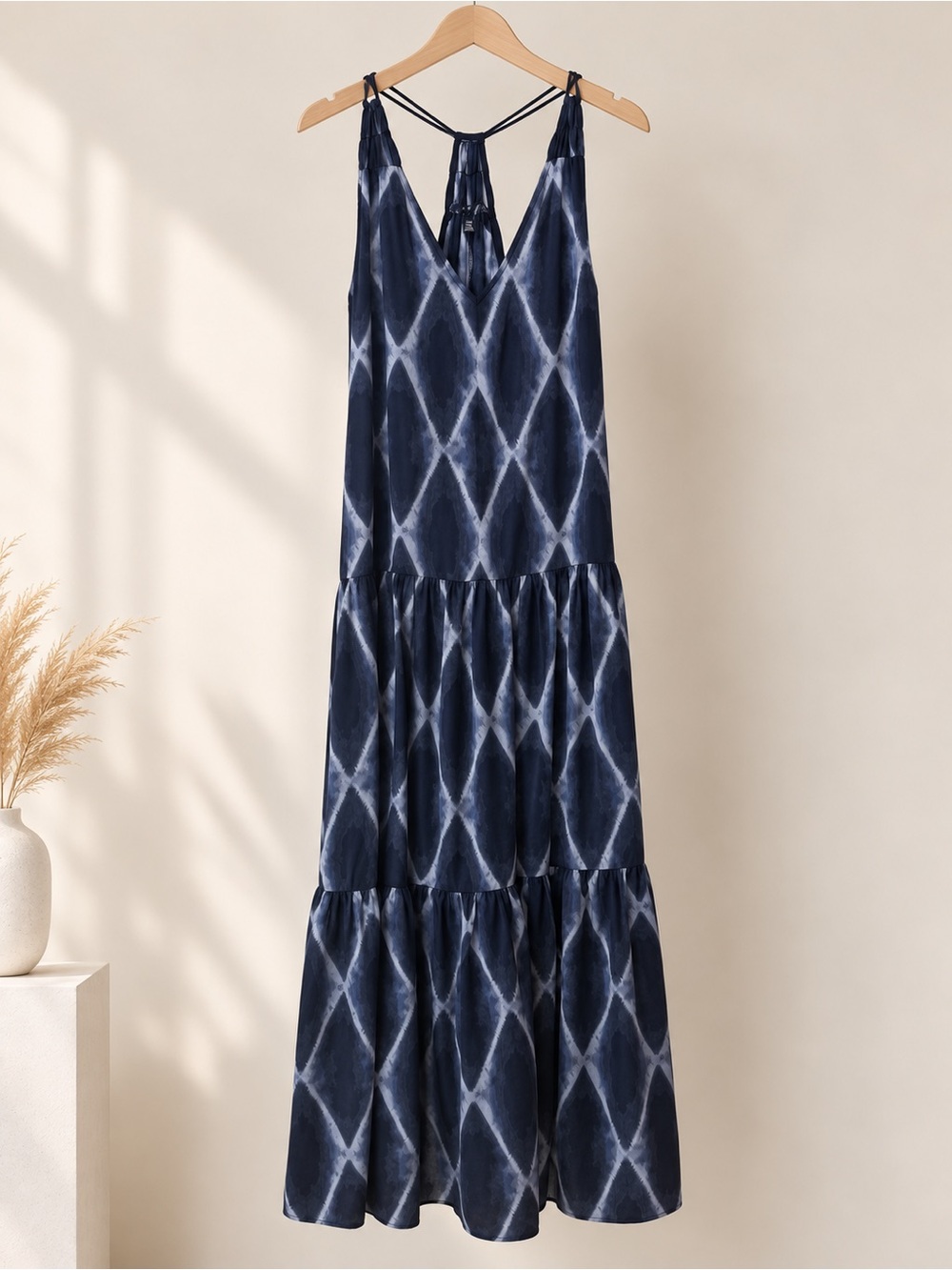 Spaghetti Strap Navy Diamond-Print Maxi Dress